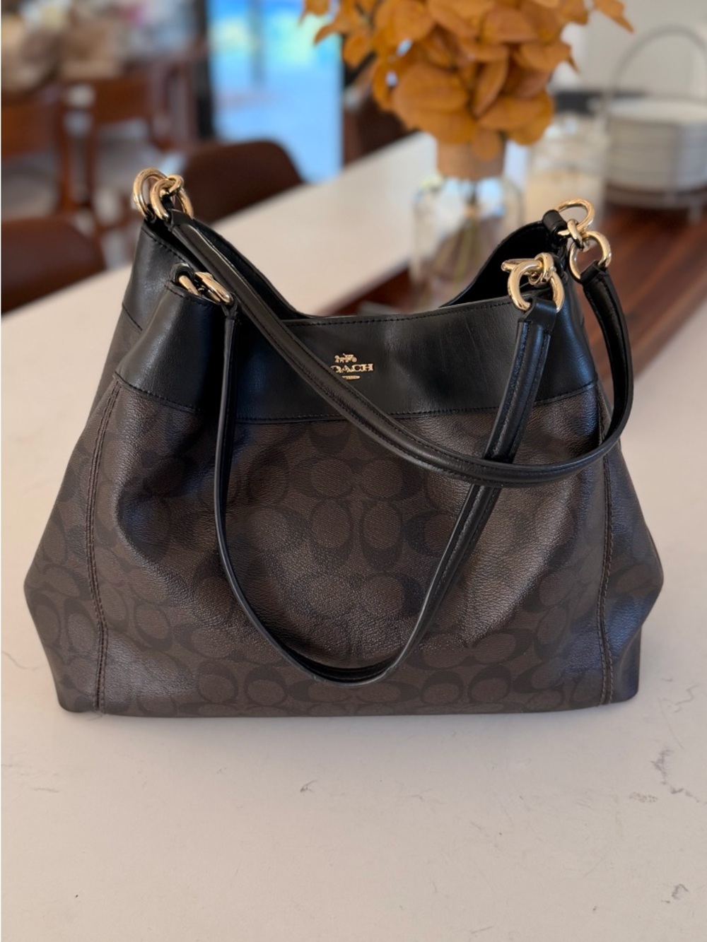 Coach Brown Signature Canvas Shoulder Bag with Black Trim